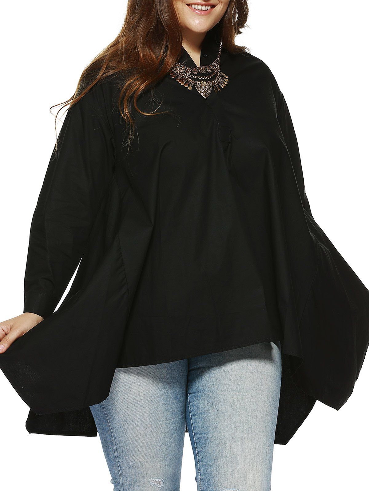 

Trendy Plus Size Stand Collar Asymmetrical Shirt, Black