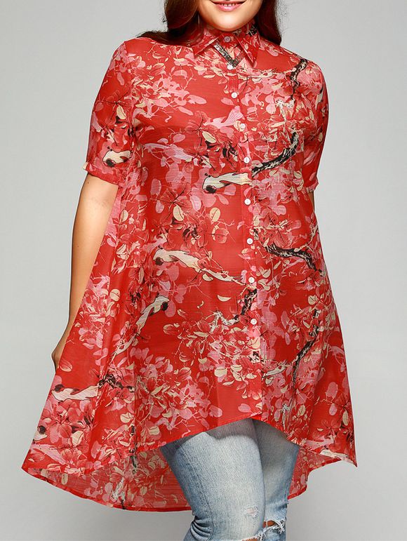 Sweet Plus Size Asymmetrical Floral Shirt - Tangerine 3XL