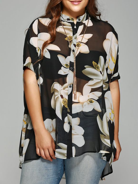 Chic Plus Size Batwing Sleeve Floral Shirt - Noir 4XL