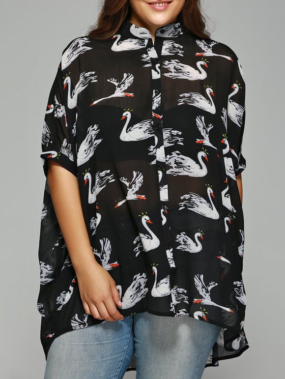 Plus Size Stylish Batwing Sleeve Swan Print Shirt - Noir 4XL