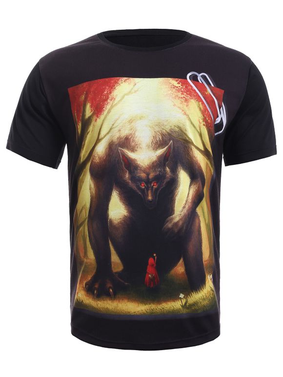 Col rond 3D Red Riding Hood Imprimer T-shirt de manches courtes hommes - Noir 2XL