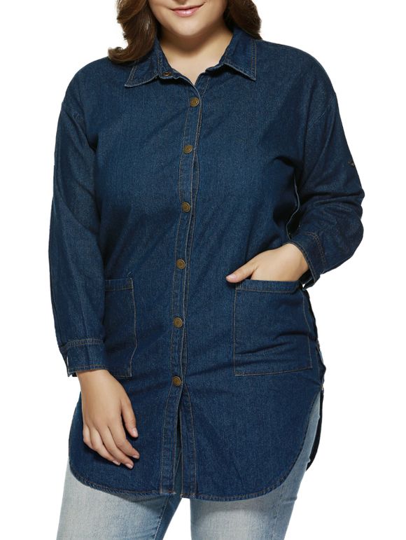 Plus Size Brief Pockets Double Denim Shirt - Bleu 4XL