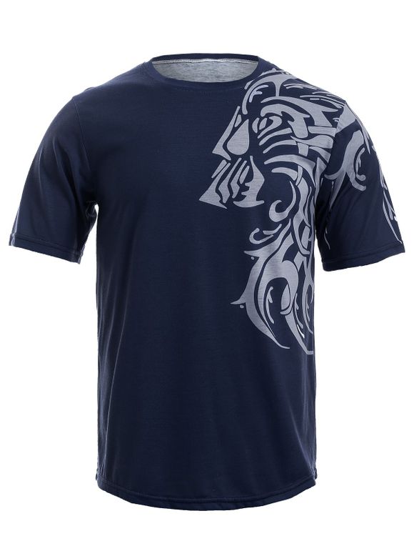 T-Shirt à Manches Courtes et à Col Rond d'Impression de Style de Tatouage de Tigre pour Homme - Cadetblue S