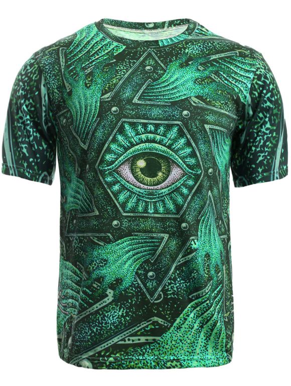 Col rond 3D géométrique et Eye Imprimer T-shirt de manches courtes hommes - Vert XL