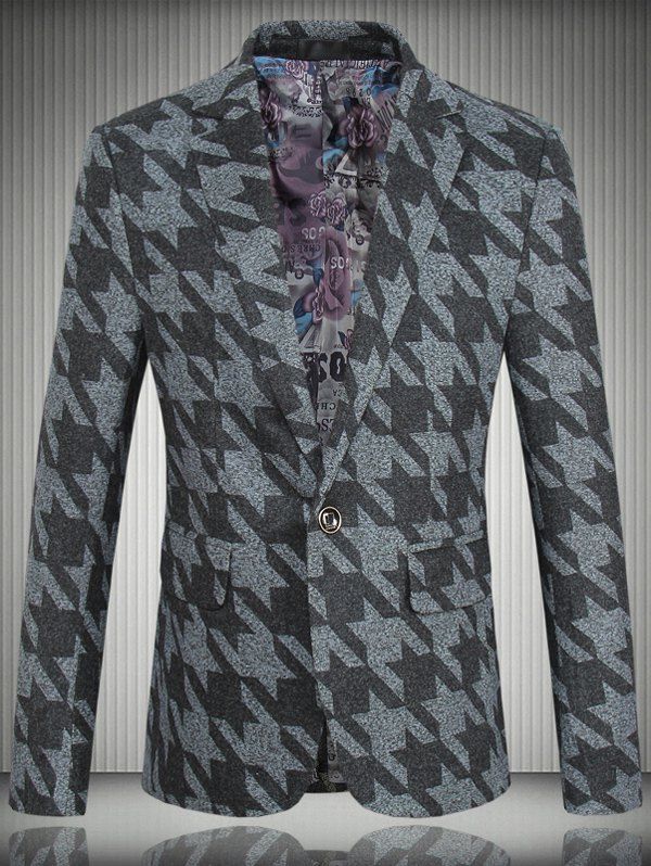 

Houndstooth Pattern One-Button Lapel Long Sleeve Men's Blazer, Gray