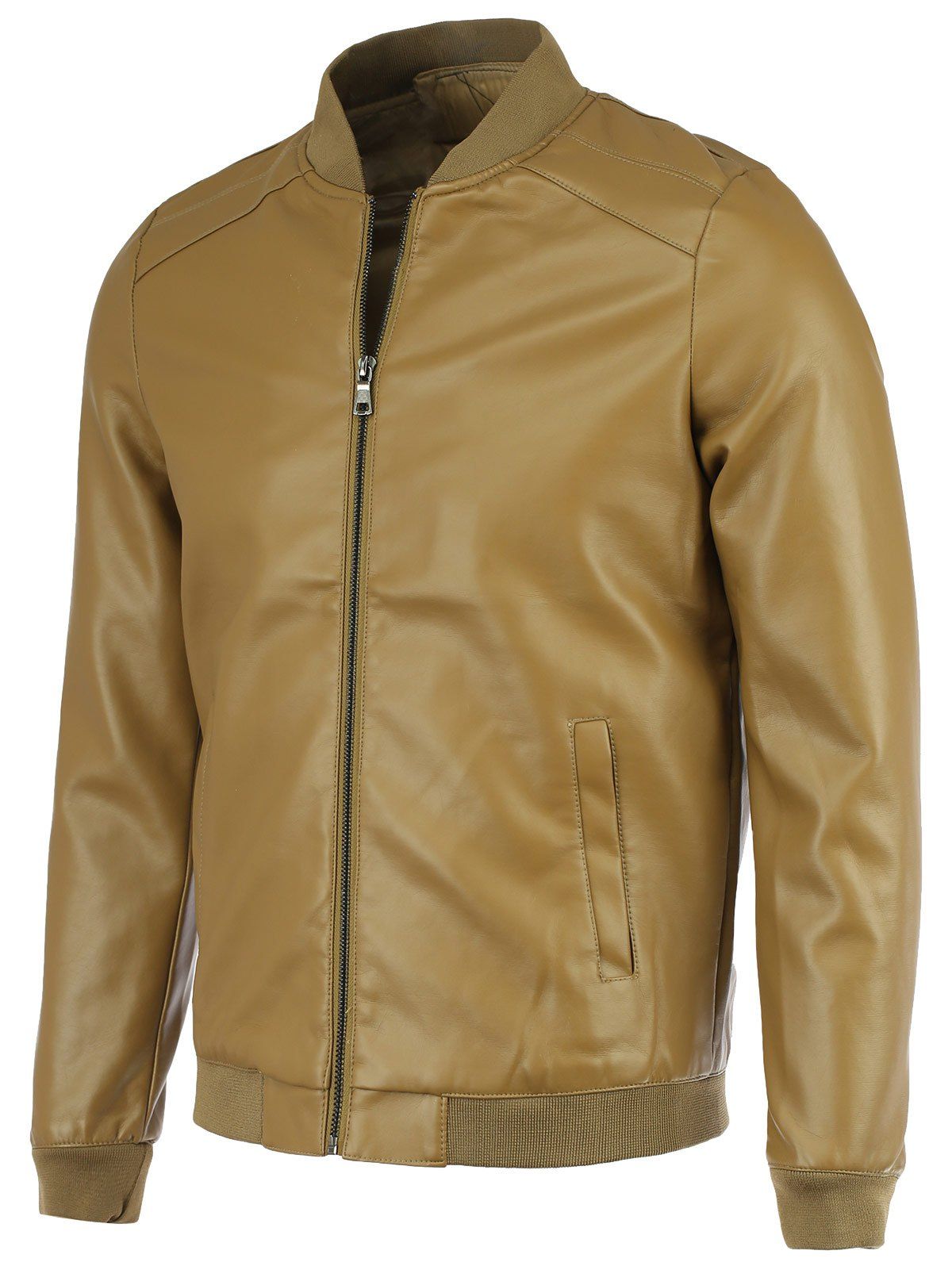 

PU-Leather+Polyester Solid Color Stand Collar Long Sleeve Jacket, Khaki