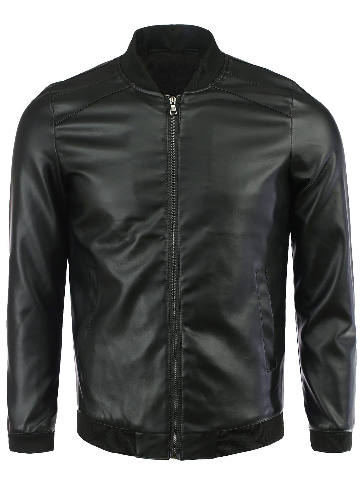 

PU-Leather+Polyester Solid Color Stand Collar Long Sleeve Jacket, Black