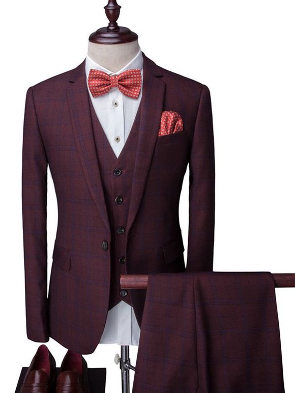 Plaid One-Button revers manches longues hommes d  'Three-Piece Suit (Blazer + Gilet + Pantalon) - Rouge vineux L