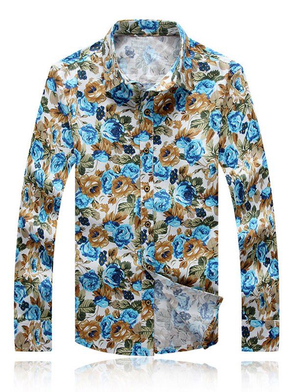 

Fashion Flowers Print Turn-Down Collar Long Sleeves Shirt For Men, Blue