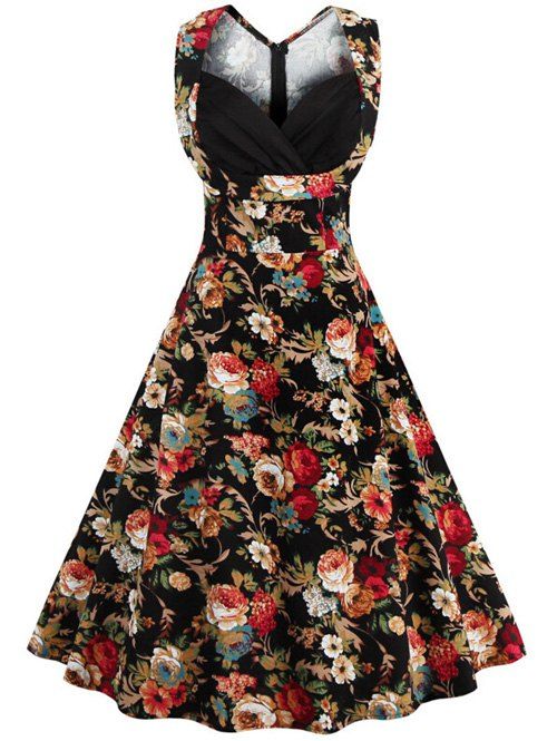 Style rétro taille haute imprimé floral femmes robe  's - Noir 3XL