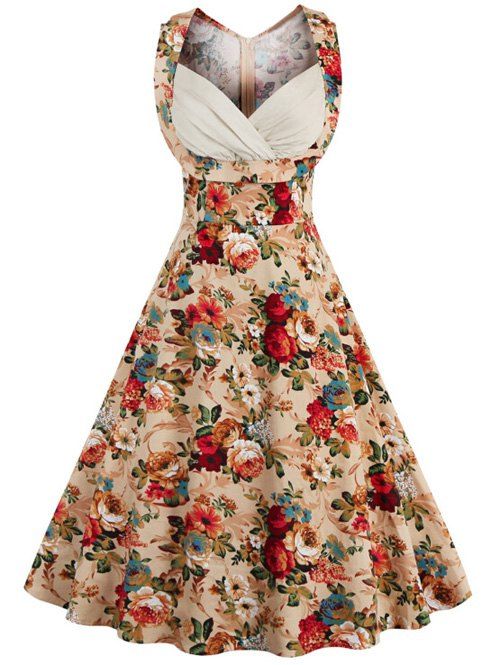 Style rétro taille haute imprimé floral femmes robe  's - Kaki S