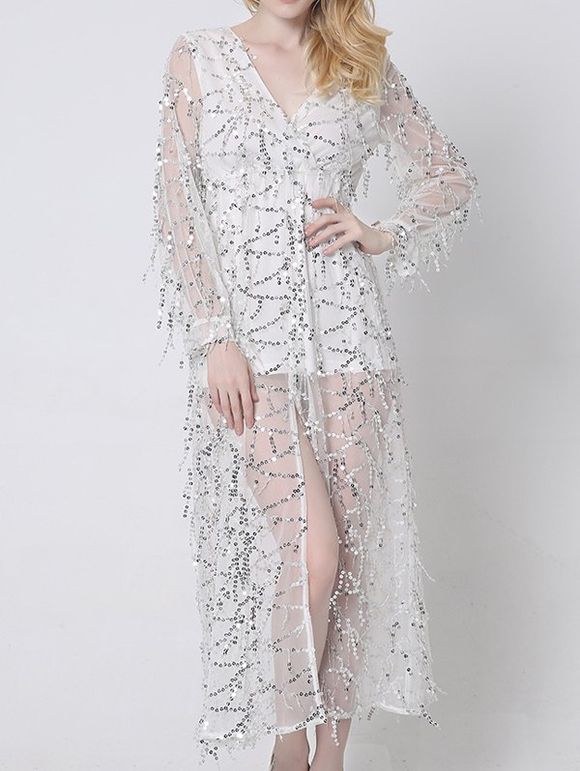 Sheer Long Sleeve Sequin Slit Maxi Prom Dress - WHITE XL