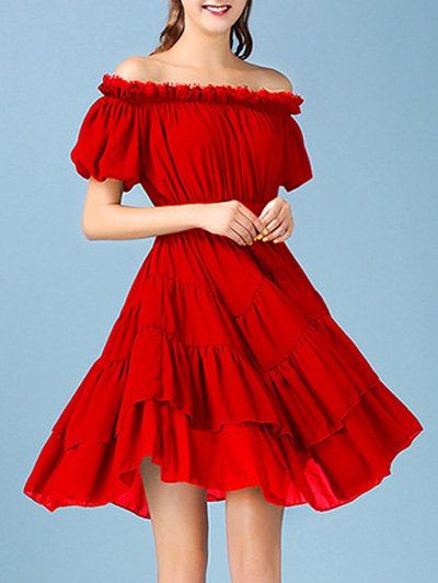 Sweet Off The Shoulder Solid Color Chiffon Women's Dress - Rouge XL