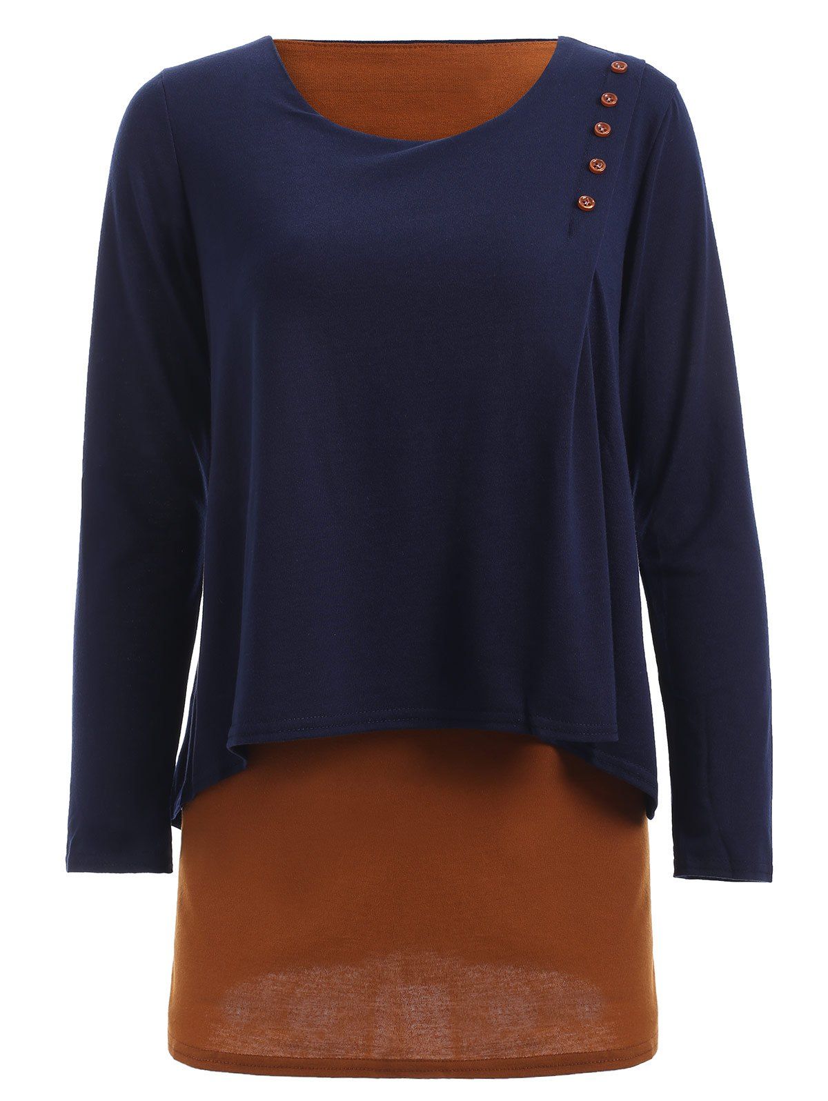 

Casual Faux Two-Piece Button Design Top For Women, Cadetblue