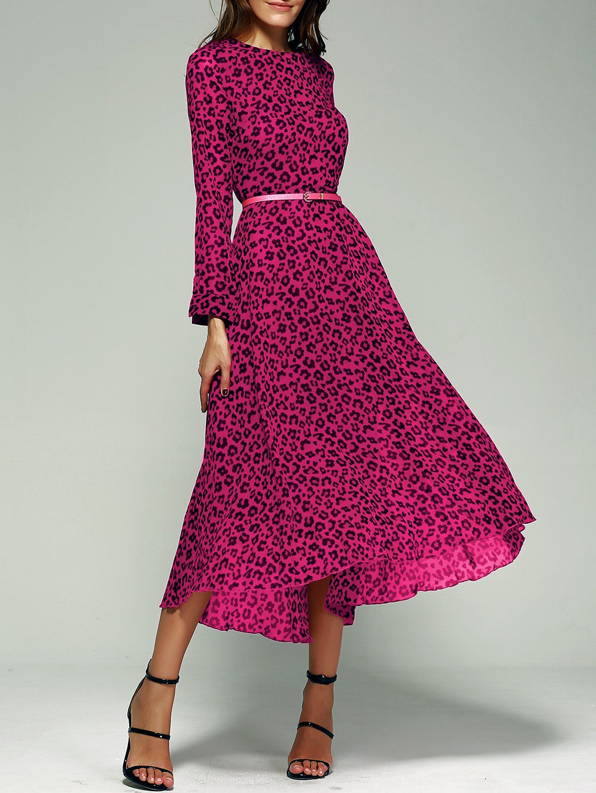 

Long Sleeve Leopard Chiffon Dress, Rose madder