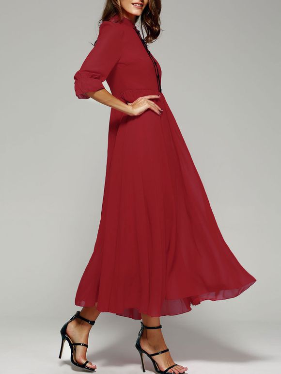 Stand col long balançoire en mousseline de soie formelle plaine robe de bal maxi - Rouge XL
