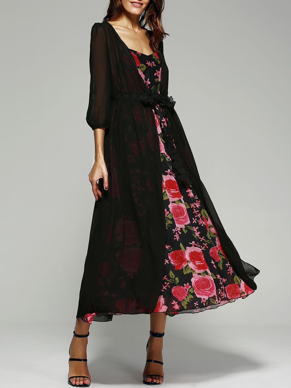 [41% OFF] 2021 Printed Cami Dress+ Black Kimono In BLACK | DressLily