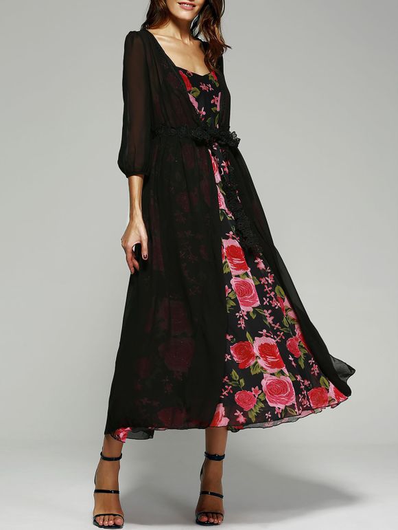 Imprimé Cami Dress + Noir Kimono - Noir XL