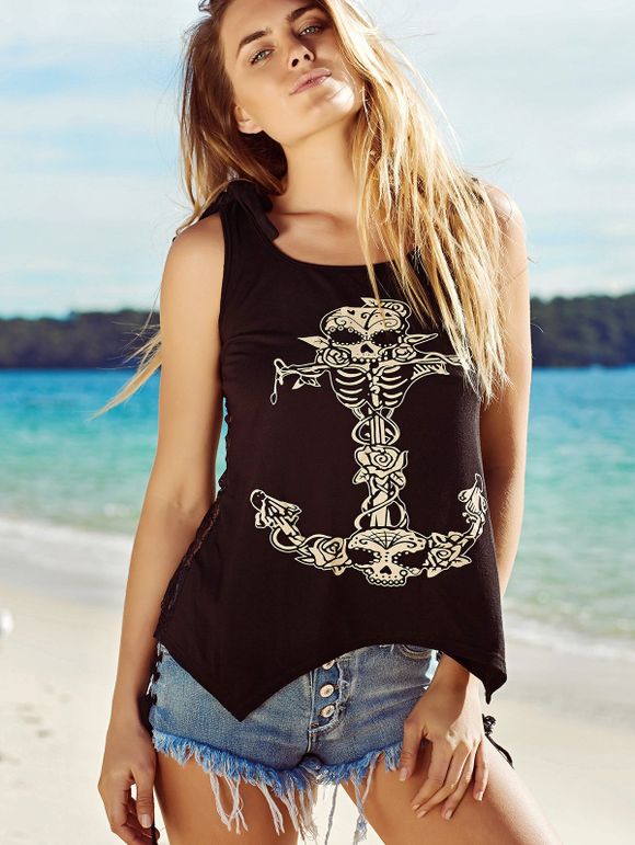 Skulls Print Lace Splicing See-Through Women's Tank Top - Noir ONE SIZE(FIT SIZE XS TO M)