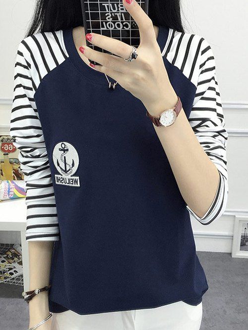 Motif Anchor rayé T-Shirt Femme élégante  's manches longues - Bleu Violet XL