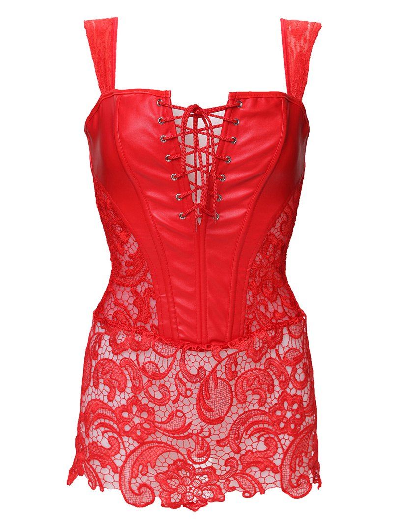 

Stunning Lace Up Faux Leather Lacework Corset With G-String, Red