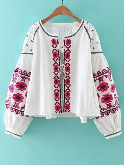 Bohemian Style Embroidery Lace Up Jacket - WHITE S