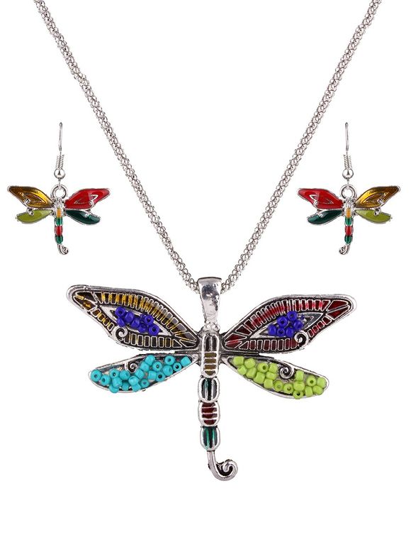 Hipster Perles Multicolores Dragonfly Pendant Necklace Set pour les femmes - Argent 