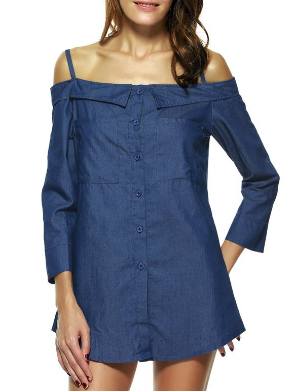 Chic Bouton Cold Shoulder design Blouse pour les femmes - Bleu XL