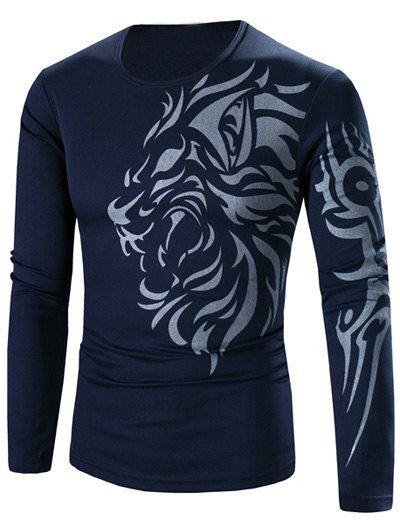 T-shirt Homme Style Tatouage Imprimé Tigre à Col Rond Manches Longues - Cadetblue M
