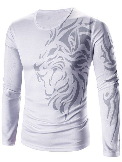 

Round Neck Tattoo Style Tiger Print Long Sleeve Men's T-Shirt, White