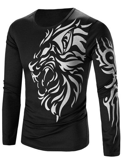 T-shirt Homme Style Tatouage Imprimé Tigre à Col Rond Manches Longues - Noir L