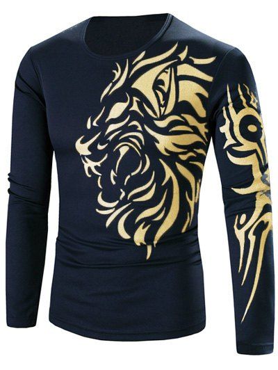 T-shirt Homme Imprimé Tigre Or à Col Rond à Manches Longues Style Tatouage - Cadetblue 2XL