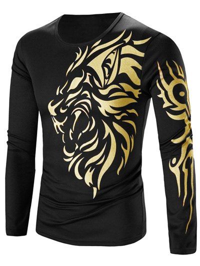 T-shirt Homme Imprimé Tigre Or à Col Rond à Manches Longues Style Tatouage - Noir L