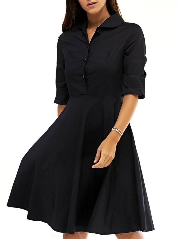 Pure Color boutonné Robe évasée s 'Retro femmes - Noir XL