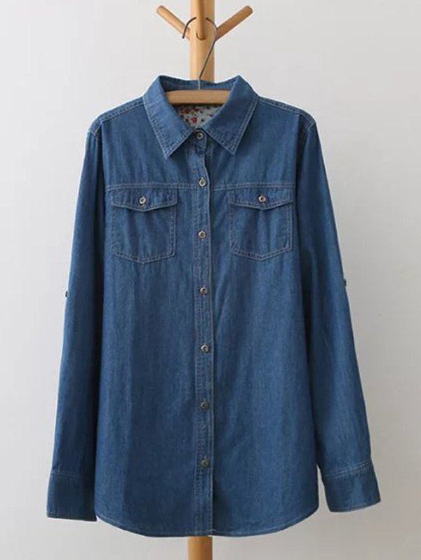 

Plus Size Flap Pockets Jeans Shirt, Deep blue