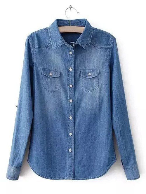 

Plus Size Flap Pockets Button Up Jeans Shirt, Deep blue