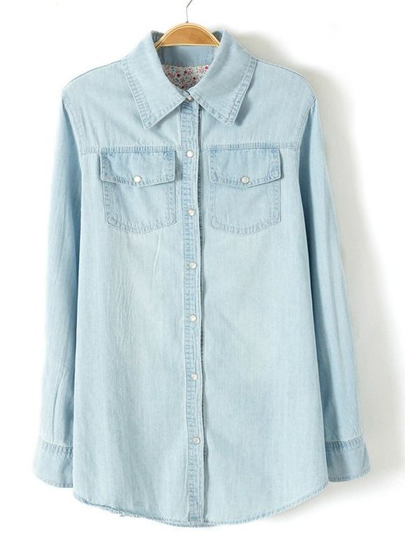 Plus Size Brief boutonné longue Chemise en jean - Bleu clair 3XL