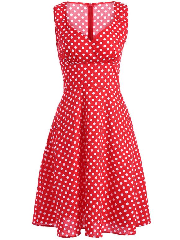 Charming Polka Dot Sweetheart Neck Sleeveless Women's Flare Dress - Rouge M