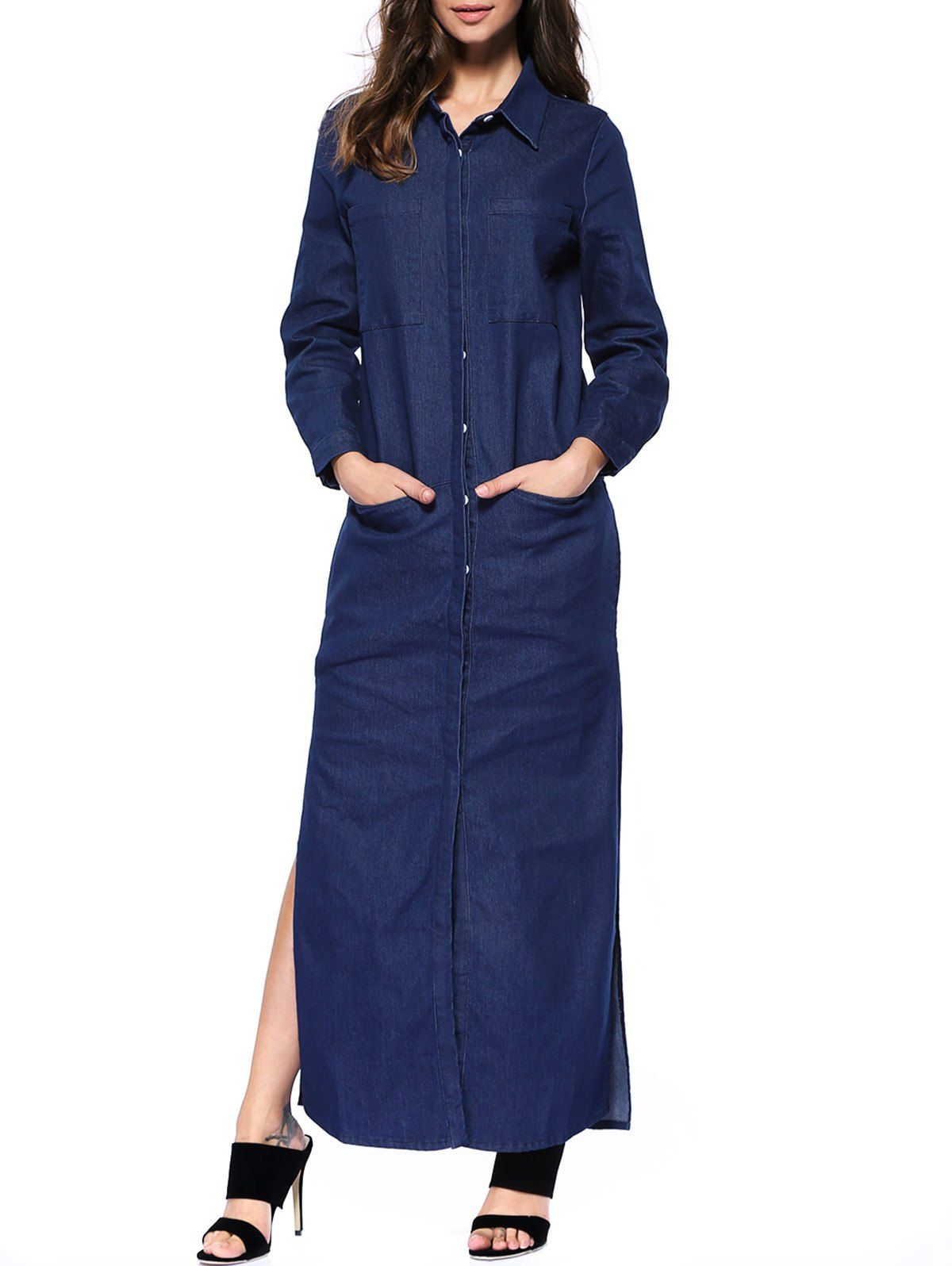 

Denim Long Sleeve Shirt Maxi Dress, Deep blue