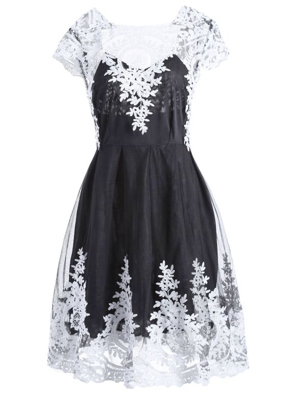 Retro Lace Square Neck Short Sleeve Dress For Women - Noir S