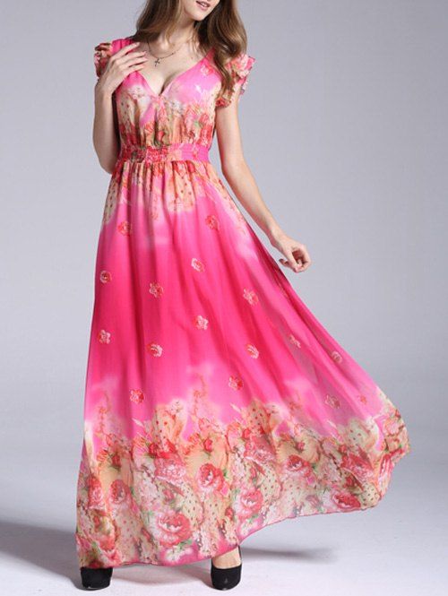 

Boho Floral Swing Maxi Chiffon Beachwear Dress, Rose red