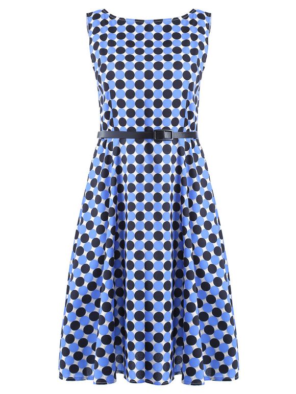 Vintage Women's Round Neck Polka Dot Print Sleeveless Dress - Bleu et Noir L
