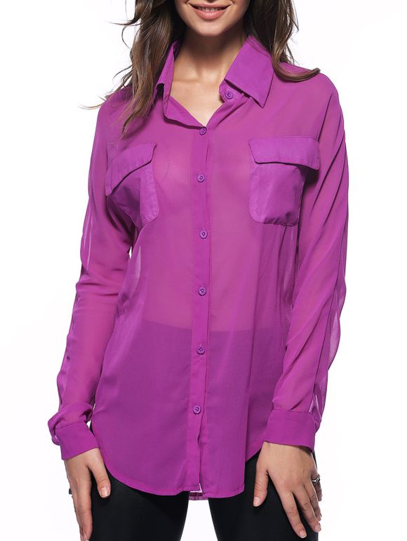 Élégant Semi Slit lâche Shirt Sheer Pure Color Pocket - Pourpre M