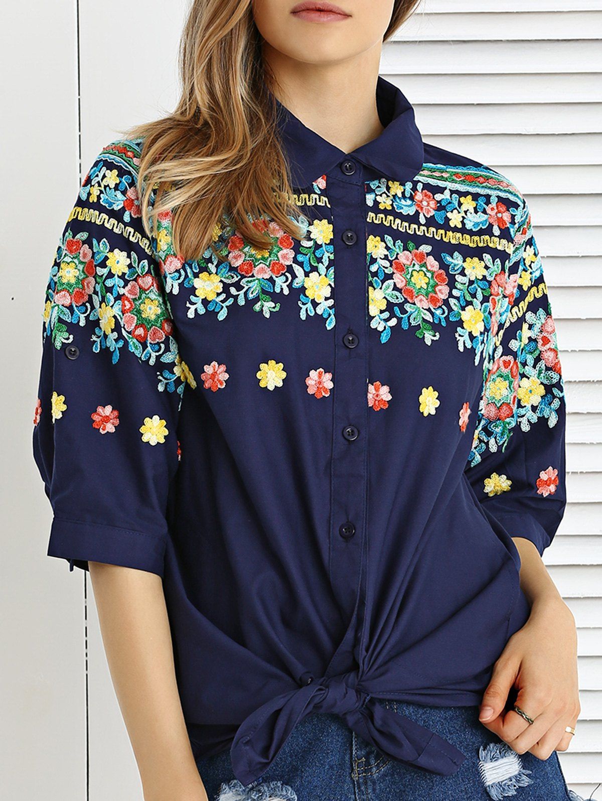 

Stunning Applique Floral Shirt For Women, Purplish blue