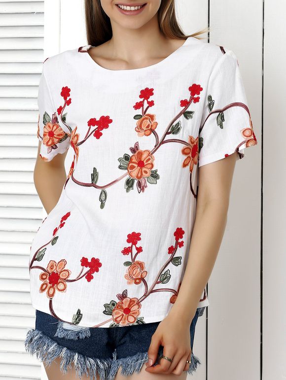 Ethnic Beaded Jacquard T-Shirt For Women - Blanc 4XL