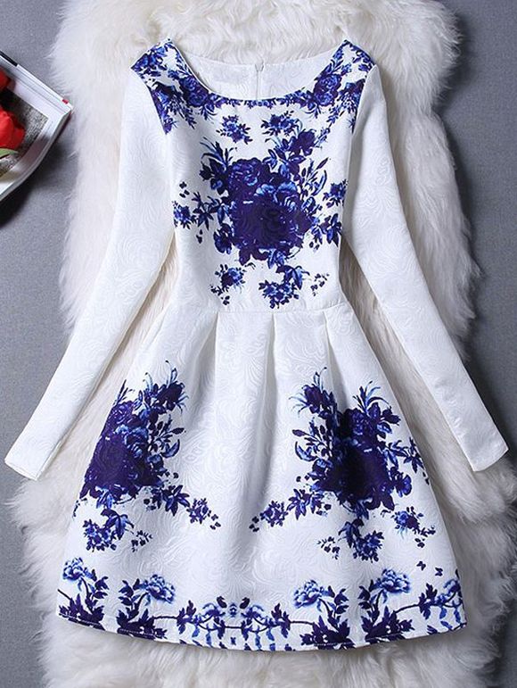 s 'Dress Floral Charme Imprimer Minceur Femmes - Bleu XL