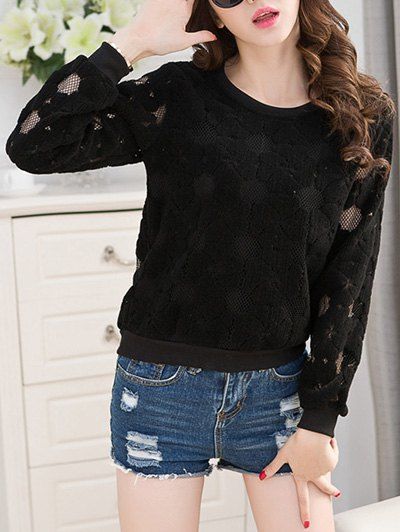 Femmes Doux  's Crochet dentelle à manches longues T-shirt - Noir 3XL