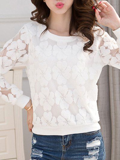 Femmes Doux  's Crochet dentelle à manches longues T-shirt - Blanc XL