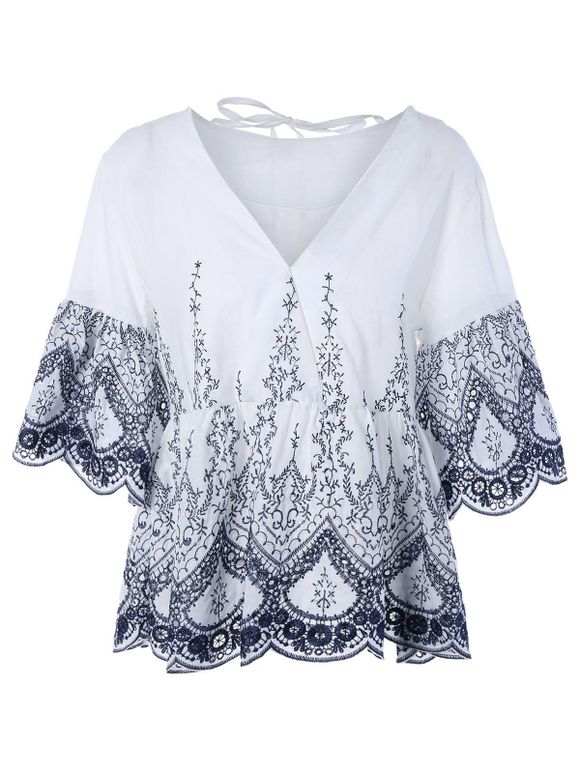 Ruffle V Neck Loose-Fitting Embroidered Blouse - Blanc ONE SIZE