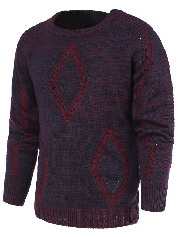 Rhombus Pattern Ribbed Crew Neck Raglan Sleeve Men's Sweater - Pourpre XL
